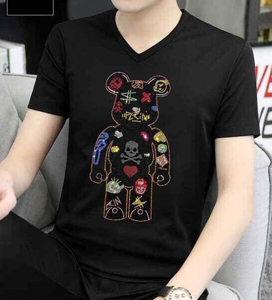 New Fashion V-Neck Diamond Rhinestones Bear Luxury Men Black T-Shirt gallery