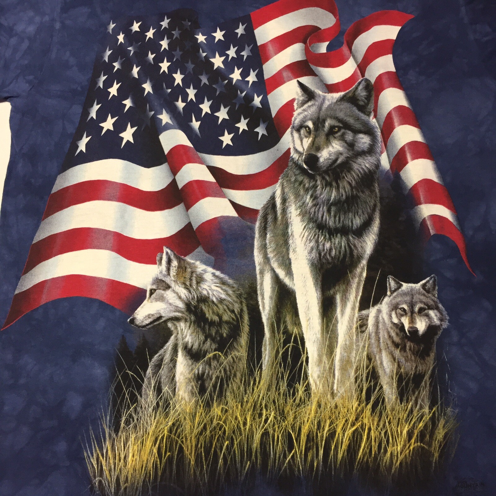 Wolf Blue Tye Dye Large T-shirt Mountain National Park American Flag Pack Hunt