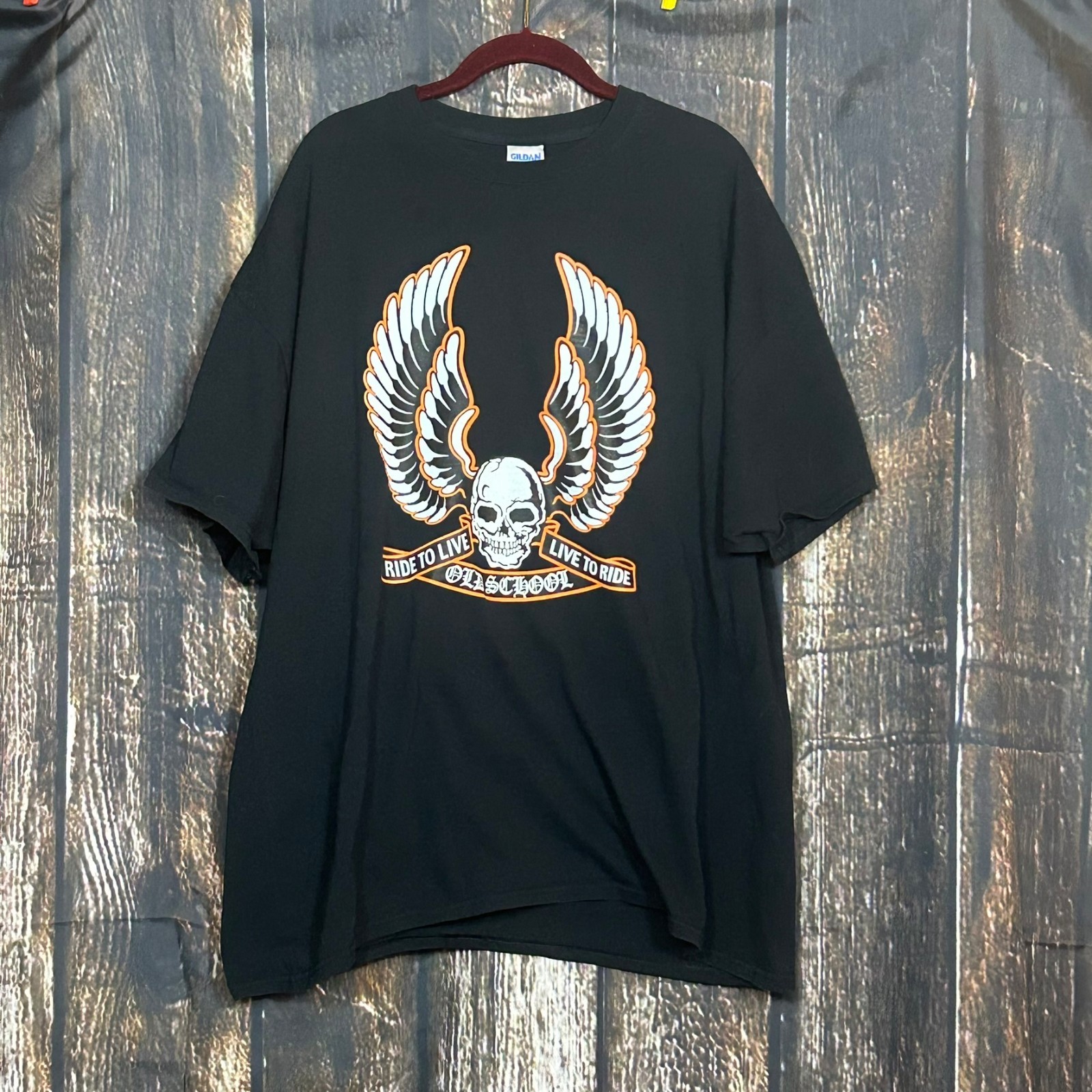 Ride To Live Biker T-Shirt Mens 2XL Black Gilden Crew Vintage Skull Wings
