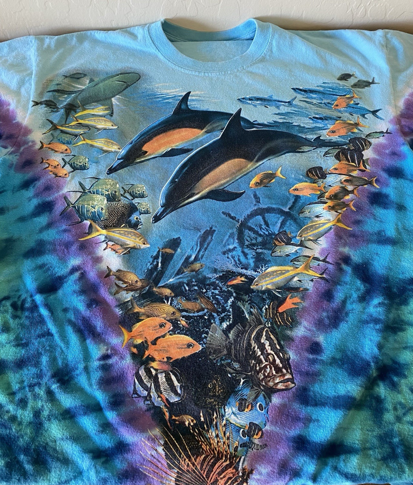 Vintage 90s Y2K Liquid Blue Aquatic Oceanlife Tie Dye Shirt Medium Fish Animals gallery