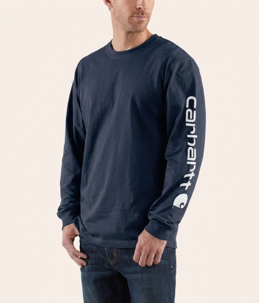 Mens Work Long Sleeve T-Shirt Navy Logo Sleeve Cotton Casual Heavyweight Tee L gallery