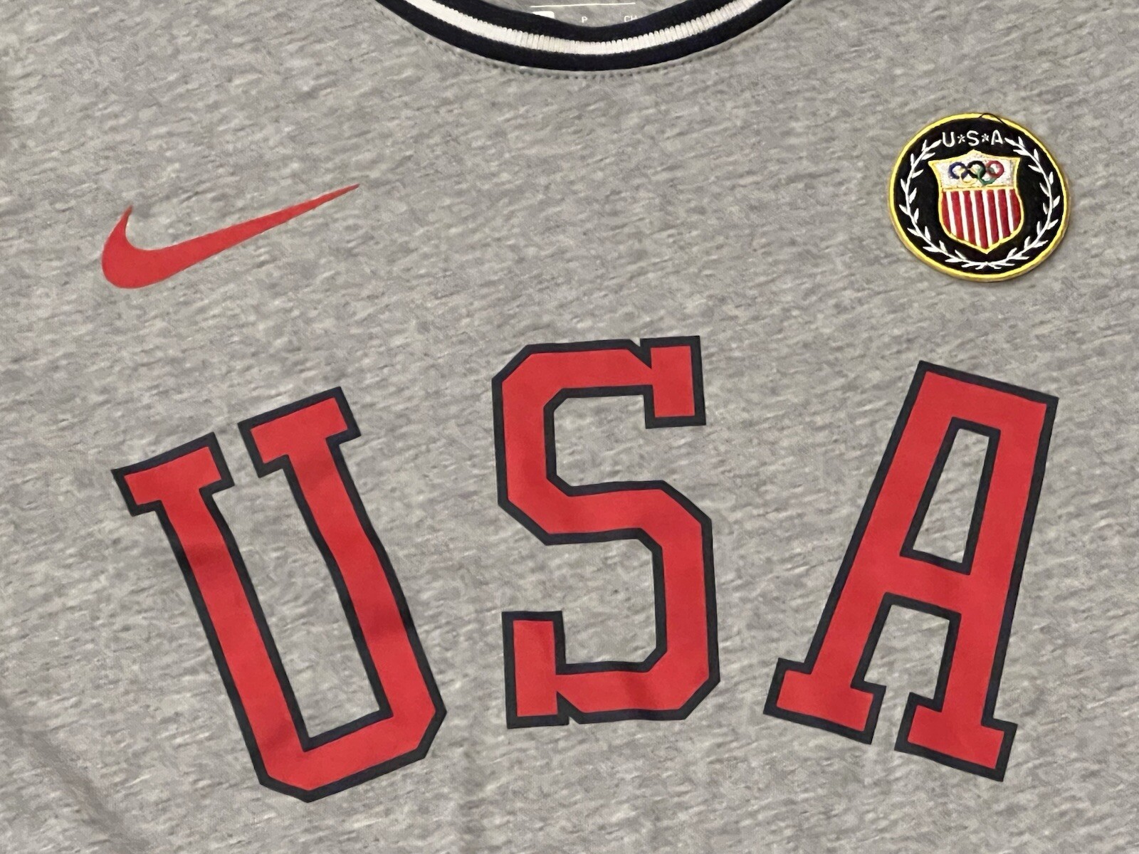 Nike USA Olympic Team Gray Red Mens Women's Small Heritage Crest Logo T Shirt gallery