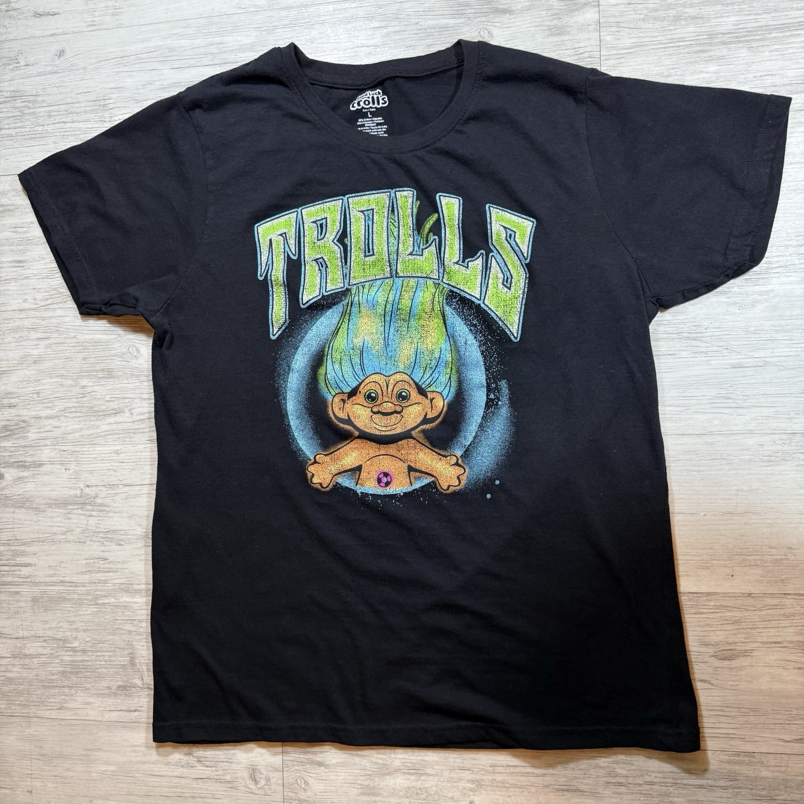 Trolls Good Luck Graphic T-Shirt Men Large Black Green Pull Over Short sleeve gallery