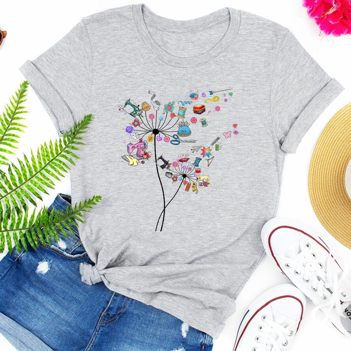 Cute Sewing Dandelion Quilting Flowers Quilter Sewing T-Shirt Tee gallery