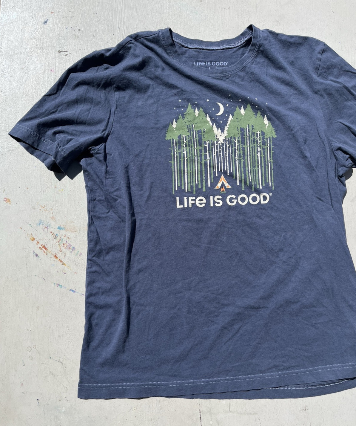 Men's Life is Good T-Shirt Blue Spell Out L Dad Classic City Outdoor Camp Hike gallery