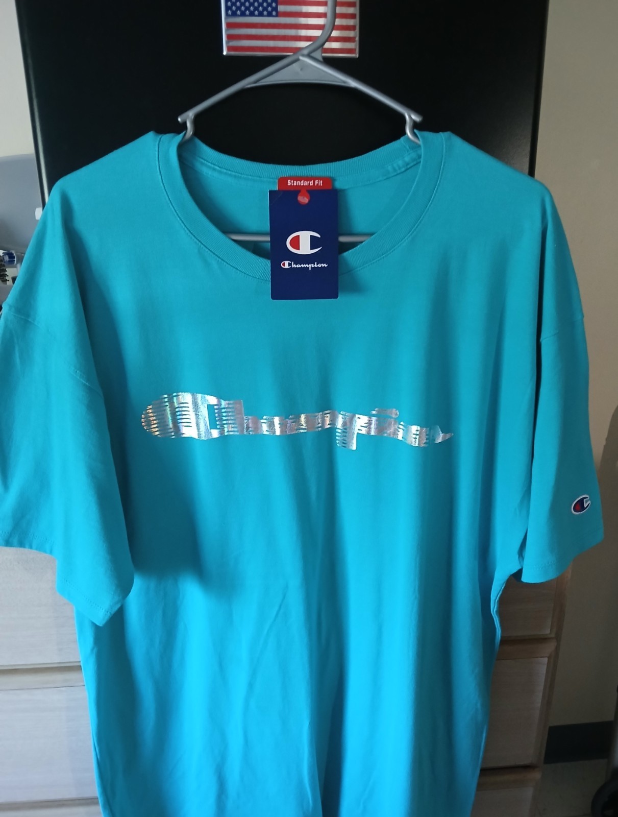 Brand New with Tags (NWT), Champion script tee, holographic, metallic, turquoise
