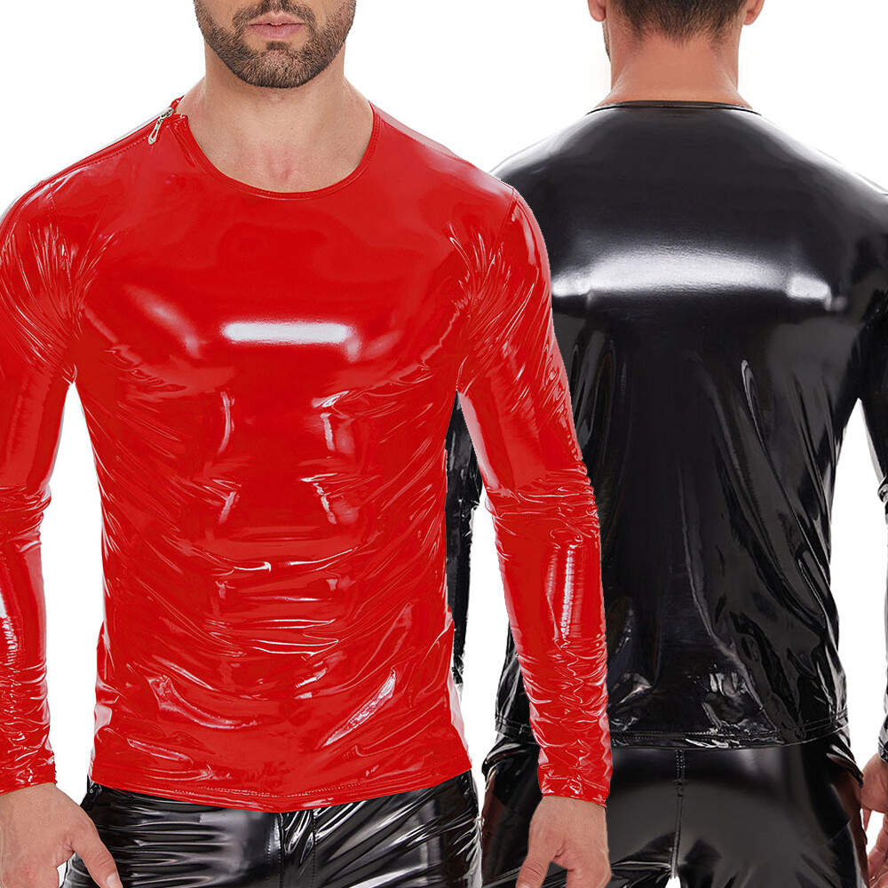 Black/red Sexy Zipper Shoulder Slimming Long Sleeve T-shirt Pvc Leather Mens Top gallery