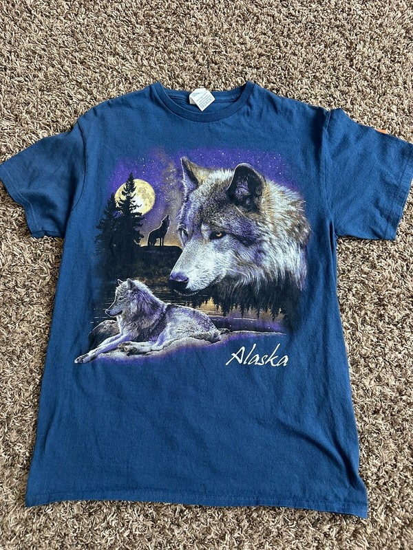 Delta Alaska Wolf Head Navy TShirt – Mens XL – Wolf Pack Howl Moon Forest