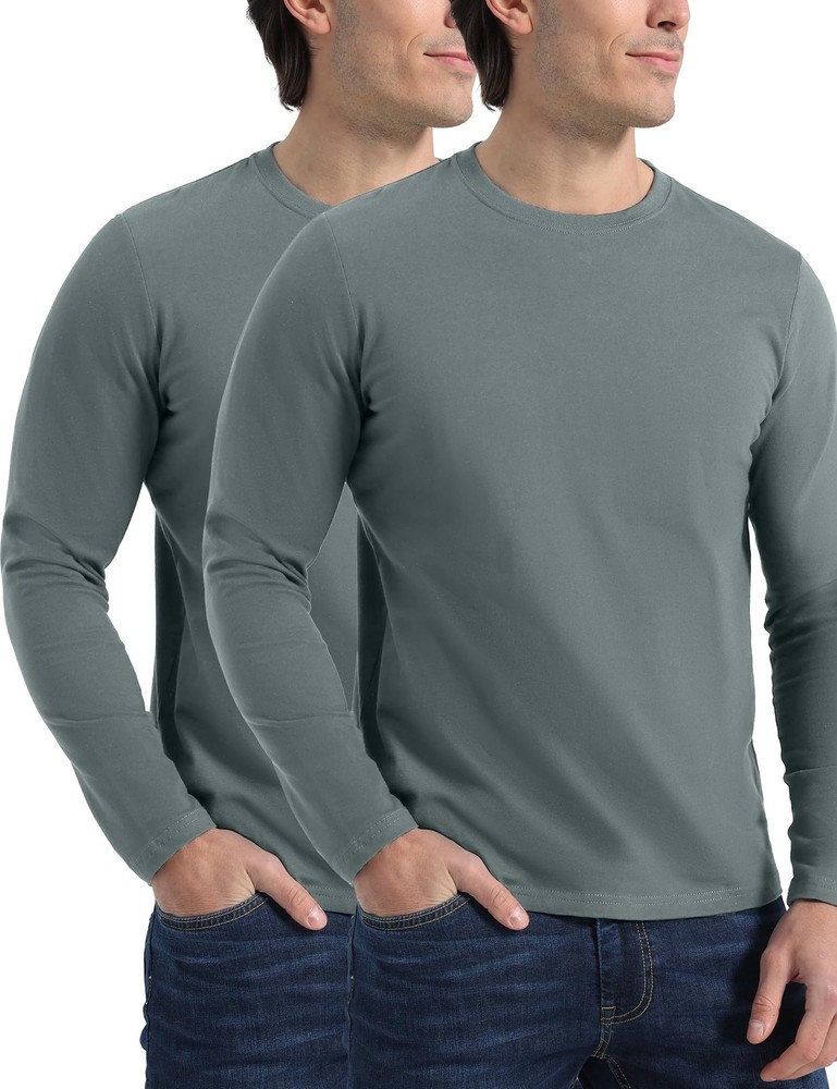 Men’s 2 Pack Long Sleeve Soft Casual Cotton Crew Neck Shirts (Grey Green, M)