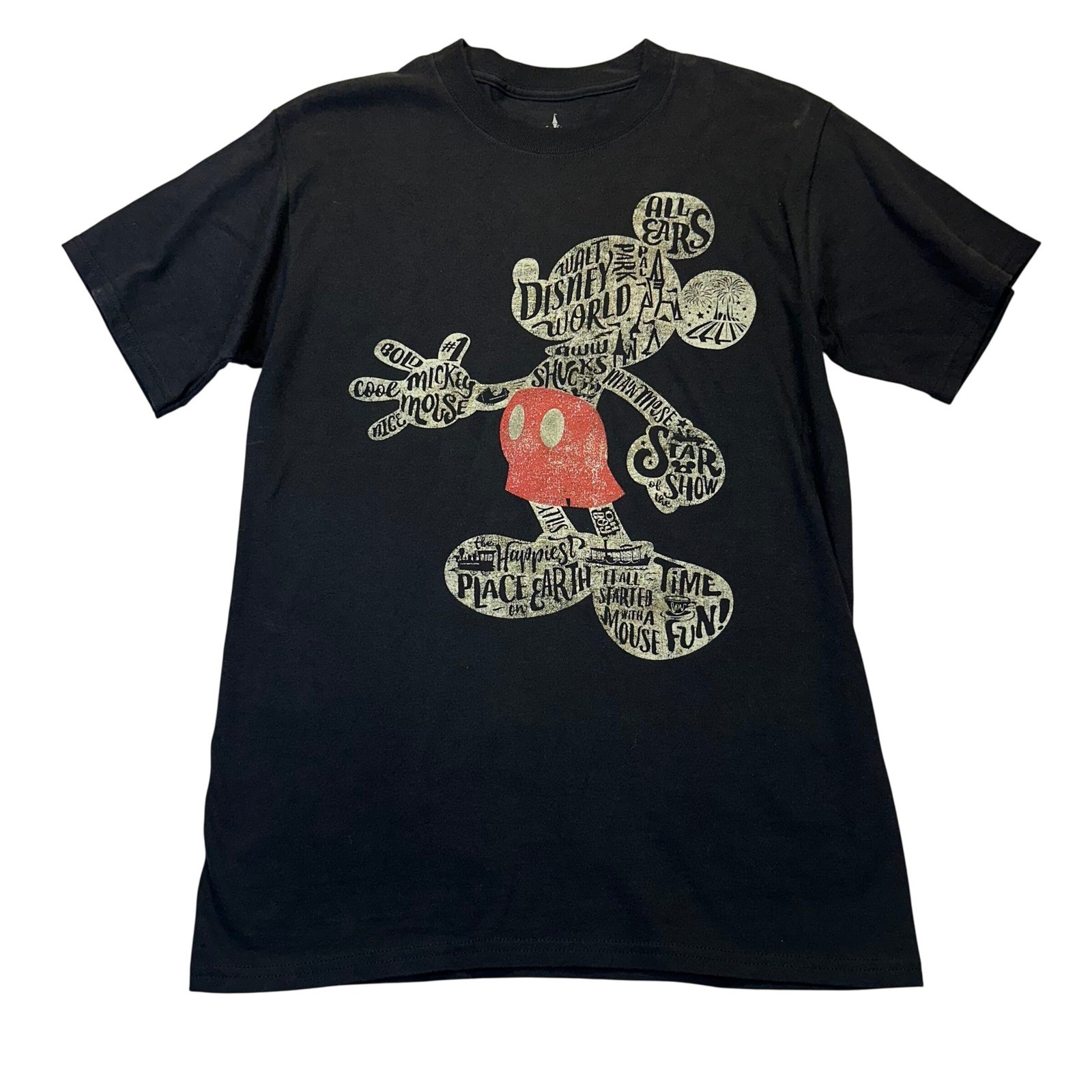 Disney Parks Mickey Mouse T-Shirt Men Small Black Word Art Graphic Tee Disneyana