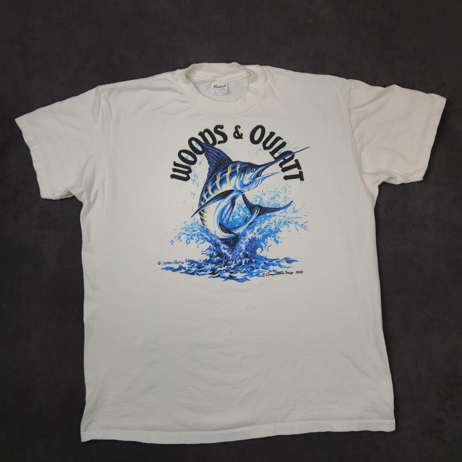 Vintage Woods & Oulatt Shirt Mens XL White Marlin Fish Graphic Fishing 80s USA