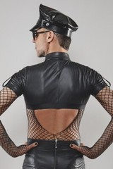 Men’s Cross-dressing Black Wet Look Crop Top Mesh Sleeve Shirt | Clubwear