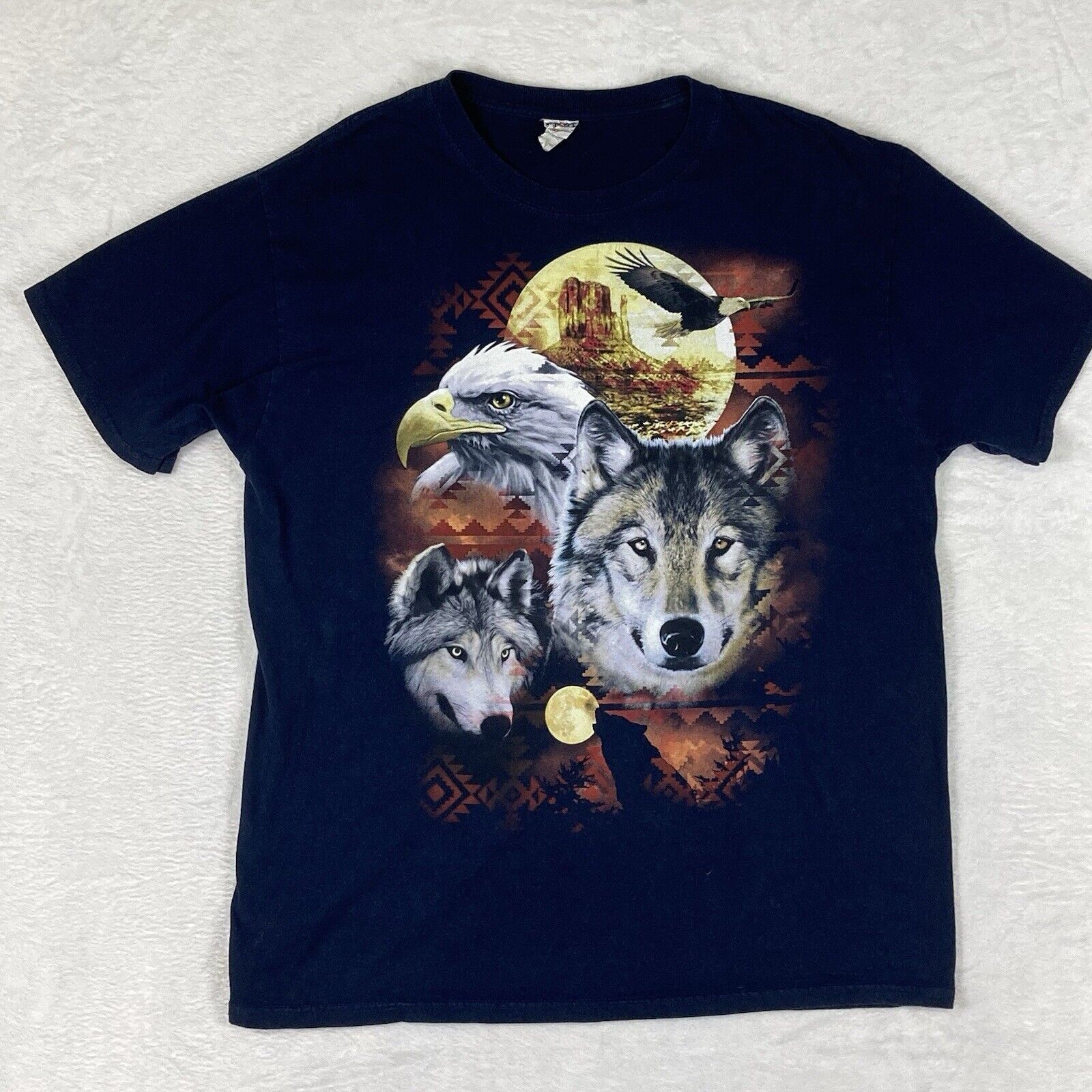 VTG Wolf Eagle Moon Shirt Mens L Navy Aztec Nature Wildlife Southwestern Arizona