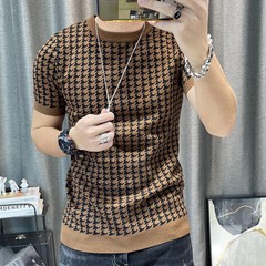New Houndstooth Men Short Sleeve Sweater T-shirt O-neck Knitted Top Tees