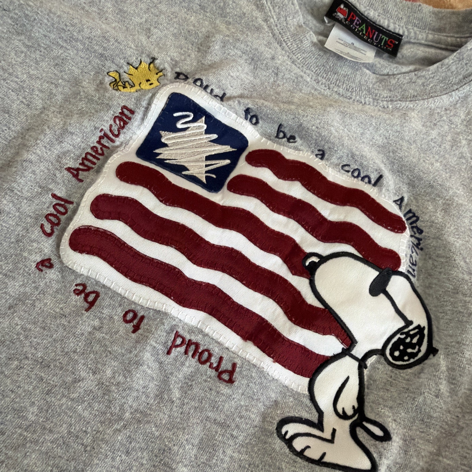 VTG Peanuts Collection “Proud To Be A Cool American” Snoopy Woodstock L Shirt gallery