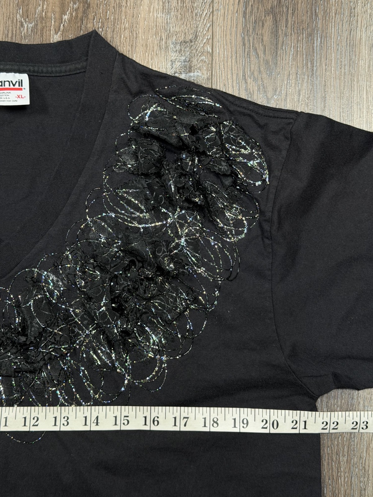 Vintage 80s V-Neck Shirt XL Goth Post Punk Ribbon Glitter Embellished Anvil USA gallery