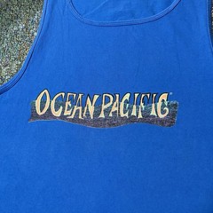 VTG 1992 Ocean Pacific Tank Top Medium Blue 90s OP Surf Art Graphic Tee Beach