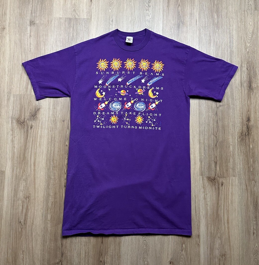 VINTAGE Welcome To Night Purple Space Galaxy Long Sleeve T-Shirt Size OSFA gallery