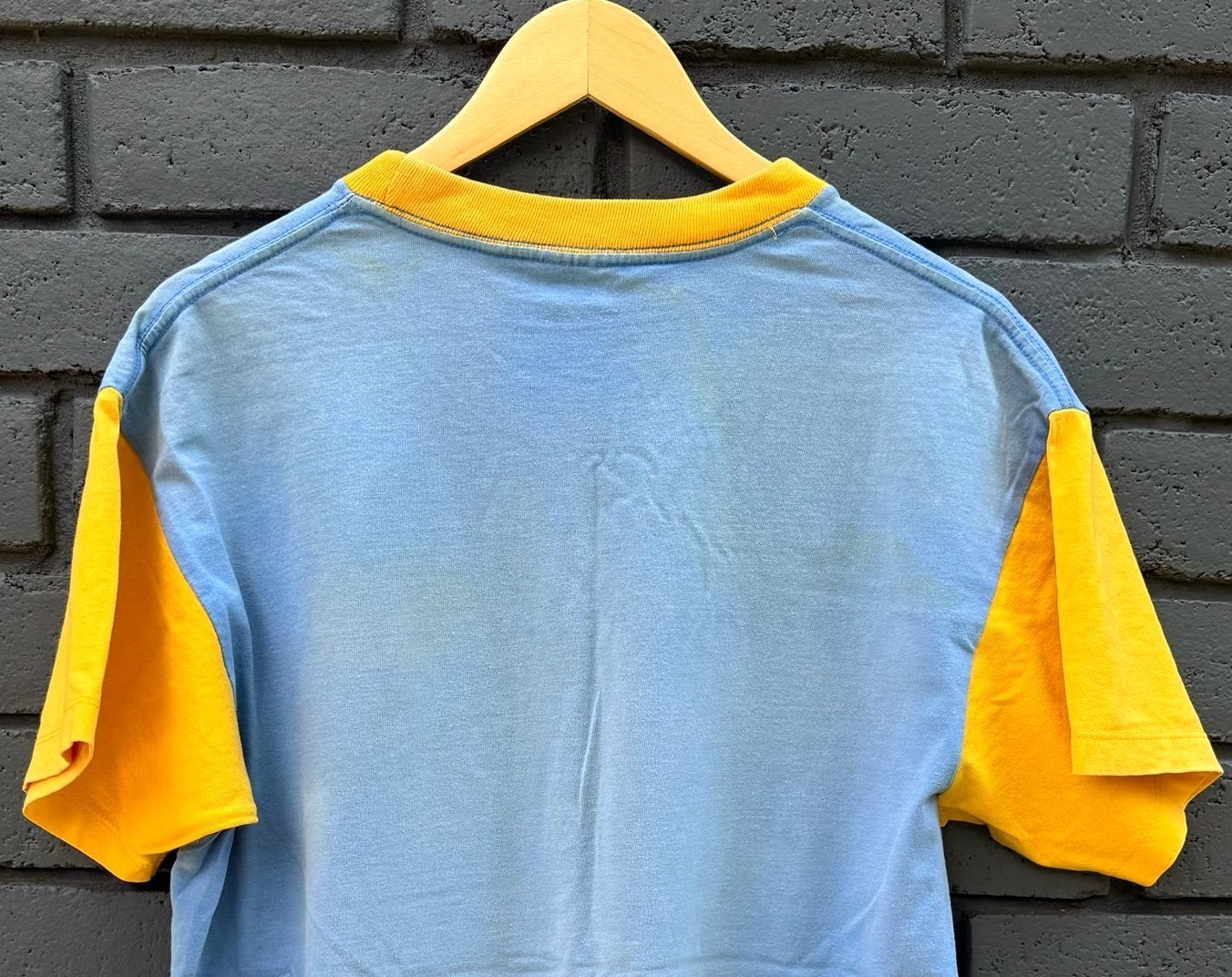 VTG Sunshine T shirt Racing Graphic Print Colorblock Blue Yellow L Short Sleeves gallery