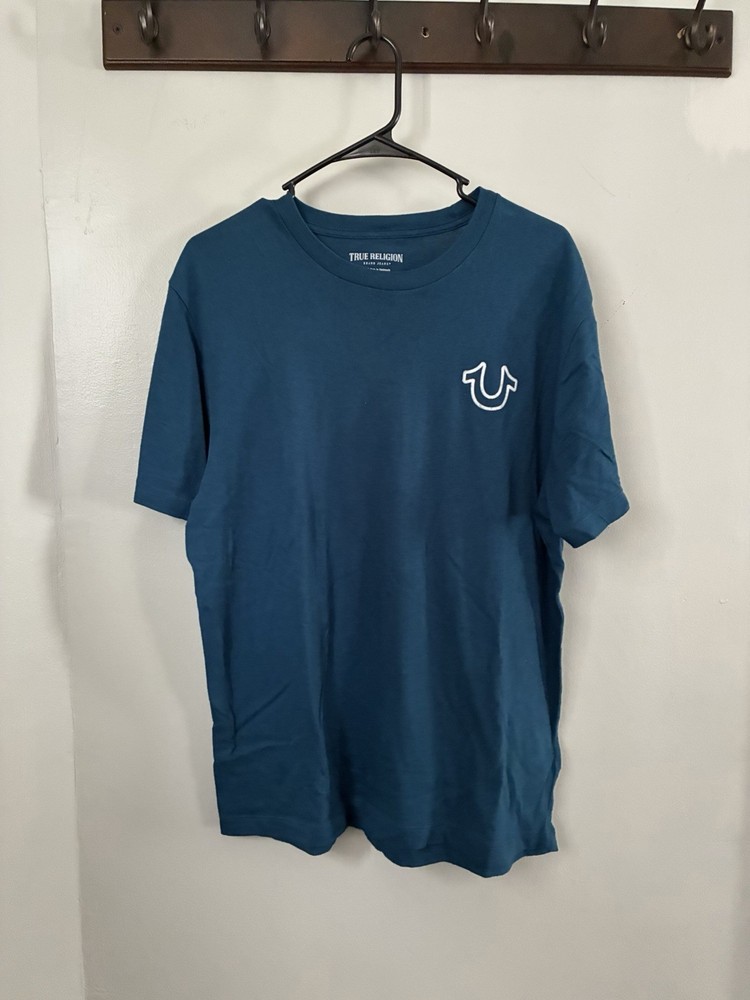 True Religion Men’s L Blue Double-Sided Buddha Logo Graphic Cotton Tee