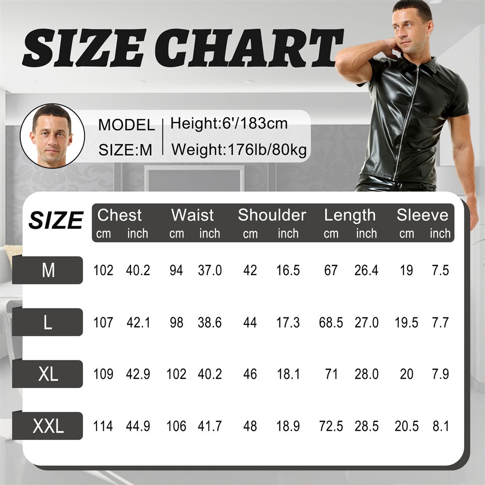 Men T-shirts Short Sleeve Shirts Zip Nightclub Stage Tops Black PU Leather Tees gallery