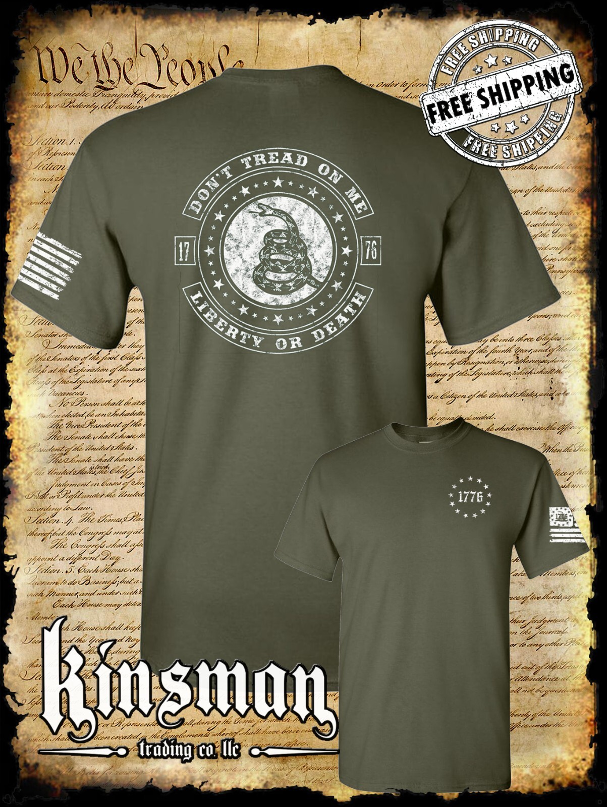 Don't Tread On Me LIBERTY or DEATH Rattlesnake 2-Sided T-Shirt 2nd Amendment USA gallery