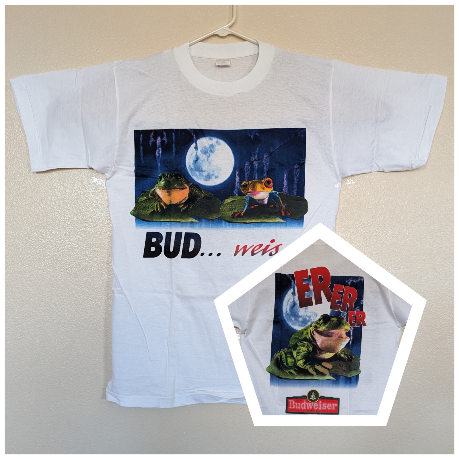 Vintage Budweiser Girl Boy Frogs Moon XL T-Shirt Bud Weis Er Er Er Beer 1995 NOS gallery