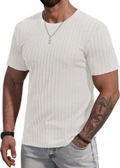 Men’s Slim Fit Textured Knit Short Sleeve Shirt Stretch Ribbed Crewneck Tee S-XX