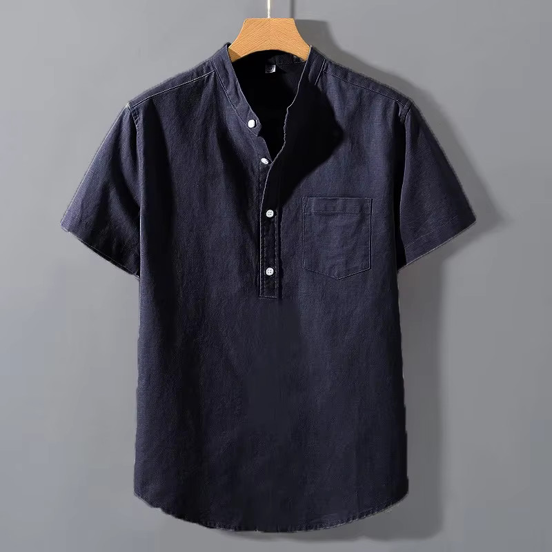 Men's Breathable Cotton Stand Collar T-Shirt Summer Casual Loose Fit Top Outfits gallery