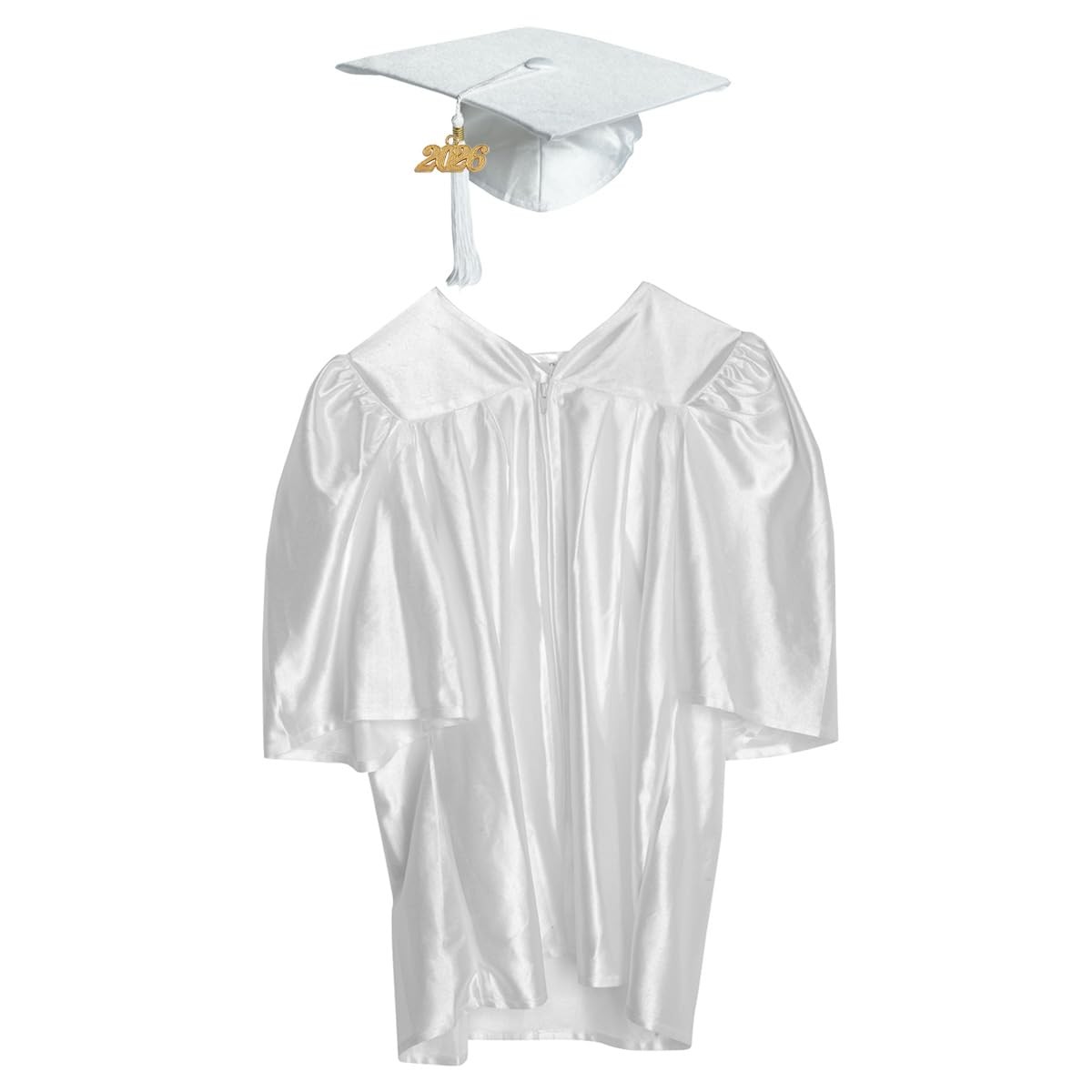 Medium White Shiny Child Graduation Cap, Gown, Tassel and 2026 Charm Set, Kin…