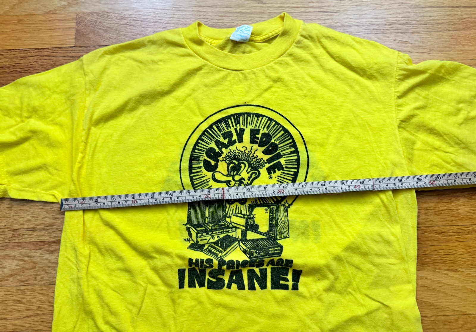 VTG Crazy Eddie T Shirt Mens Size XL Yellow 80s NYC MADE N USA Two Sided EX + gallery