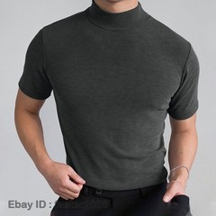 New Mens T-Shirt Short Sleeve Basic Mock Turtleneck Slim Fit Pullover Solid Tops