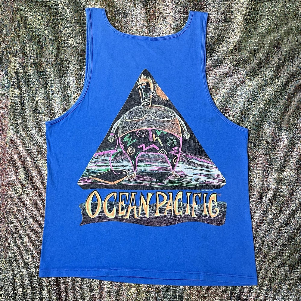 VTG 1992 Ocean Pacific Tank Top Medium Blue 90s OP Surf Art Graphic Tee Beach