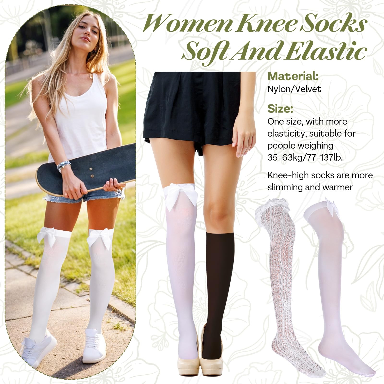 2 Pairs Thigh High Stockings Lace Satin Bow Stockings Women Tight Hosiery White gallery