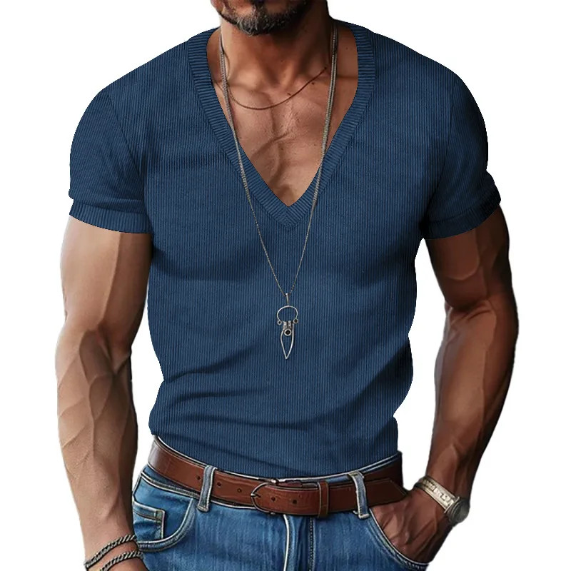 Men's corduroy European and American summer men's V-neck solid color slim gallery