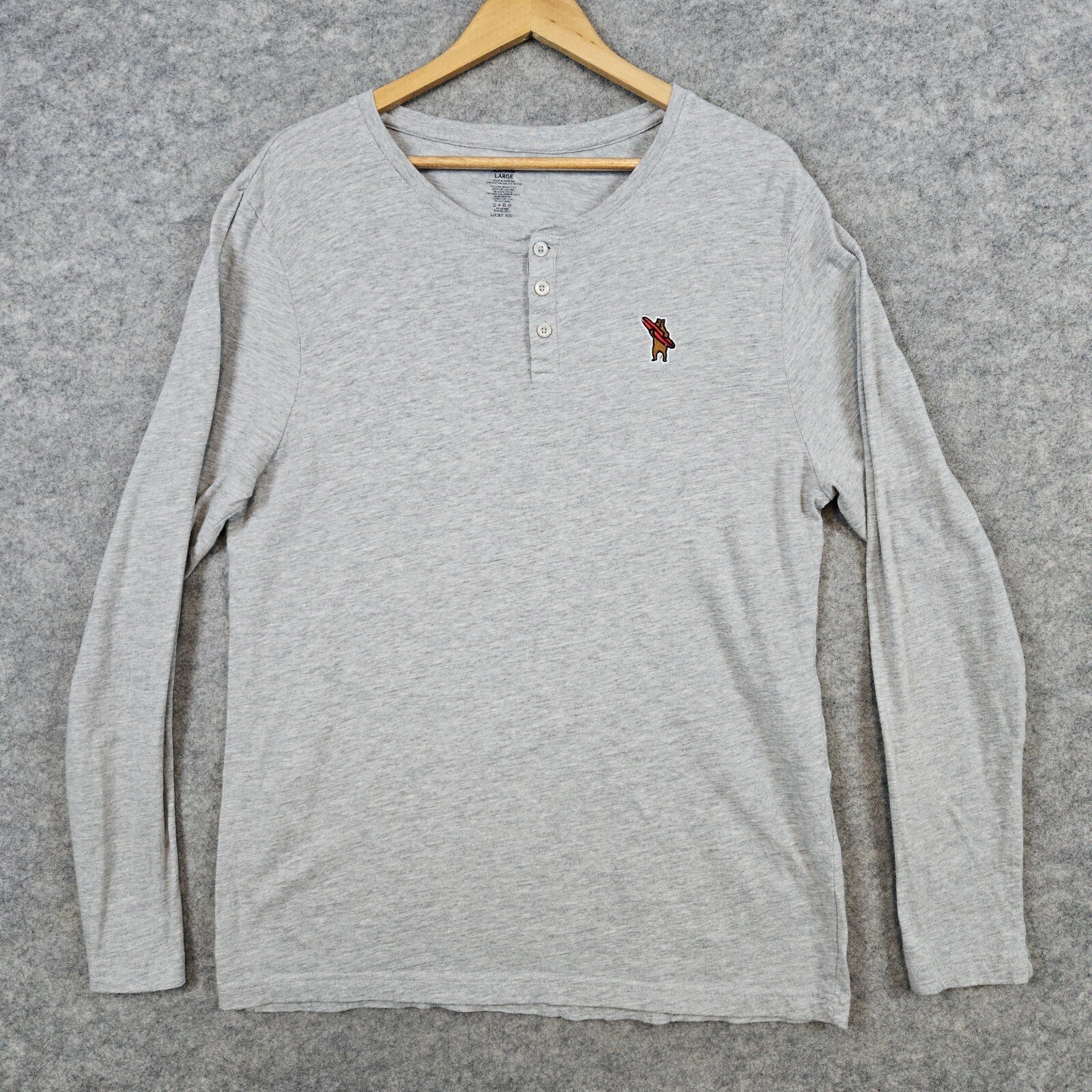 Lucky Brand Sleepwear Heathered Gray Henley Top Size L Surfboard Bear Embroidery gallery