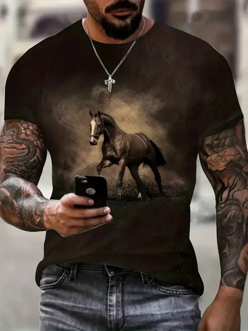 Mens 3D Horse Graphic T-Shirt Short Sleeve Animal Print Streetwear Tee gallery