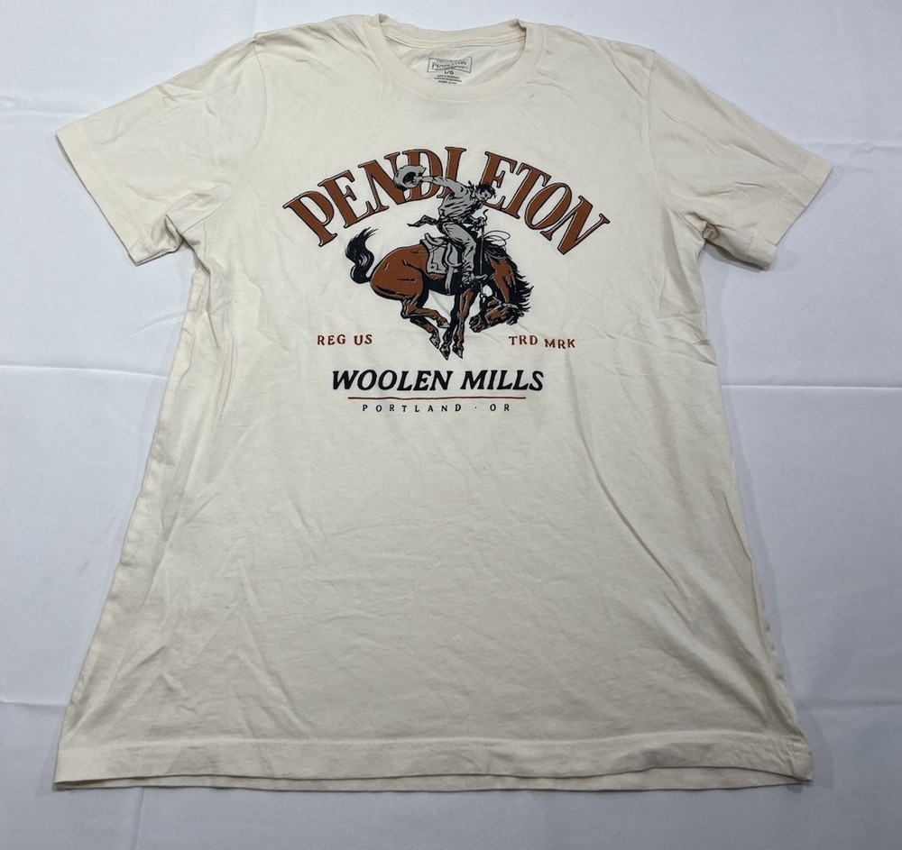 Pendleton Woolen Mills Shirt Mens Large Ivory Cowboy Bronco Rodeo Horse T-Shirt