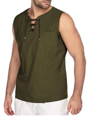 Mens Loose Tank Tops Cotton Linen Sleeveless Lace-up T-shirt Daily Wear Vacation