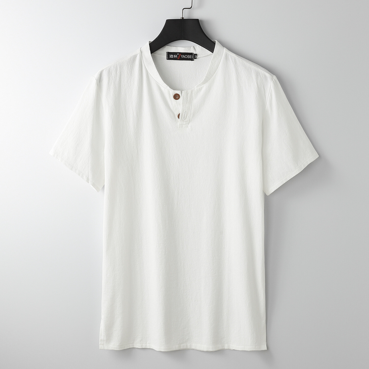 Men’s Stand-up Collar Short Sleeve Cotton Hemp Summer T-shirt Loose Linen V-neck