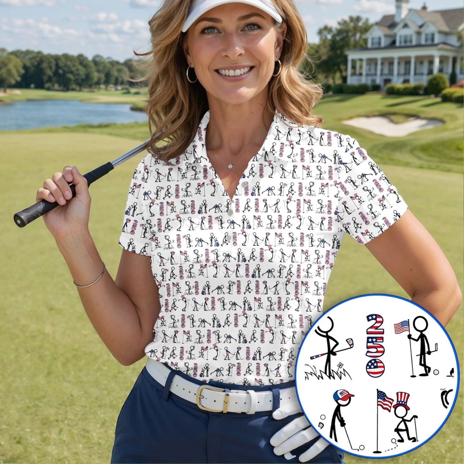 USA 250 Casual Patriotic Golf Shirt, 4th of July Stick Figure Golf Polo (S-5XL) gallery