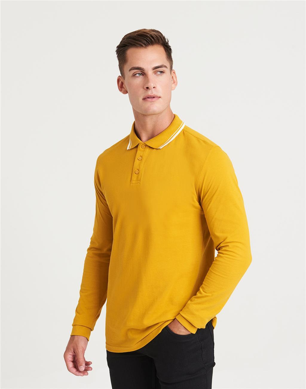Mens Long Sleeve Polo Shirt Plain Tipped Collar Casual Cotton Tops AWDis gallery