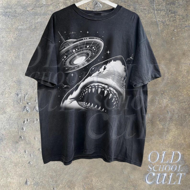 Shark Selfie With UFO Vintage 90s Style T-Shirt Retro Funny Meme Graphic Tee gallery