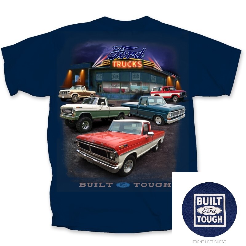 Ford Truck T-Shirt - Navy Blue "Built Ford Tough" Vintage Dealer Scene gallery