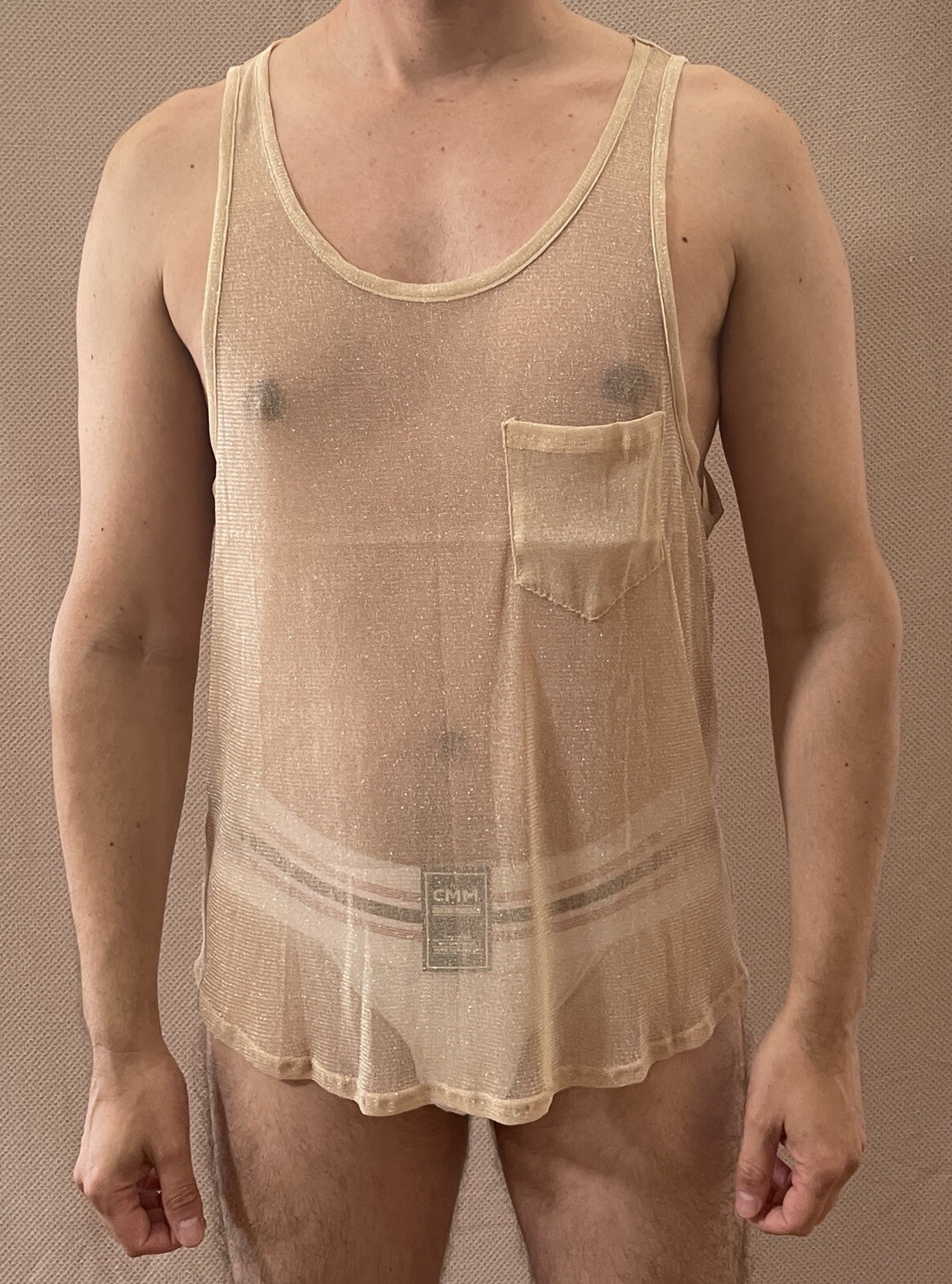 INCERUN Men's Gold Size XL Scoop Neck Sheer Mesh Metallic Pocket Tank Top gallery