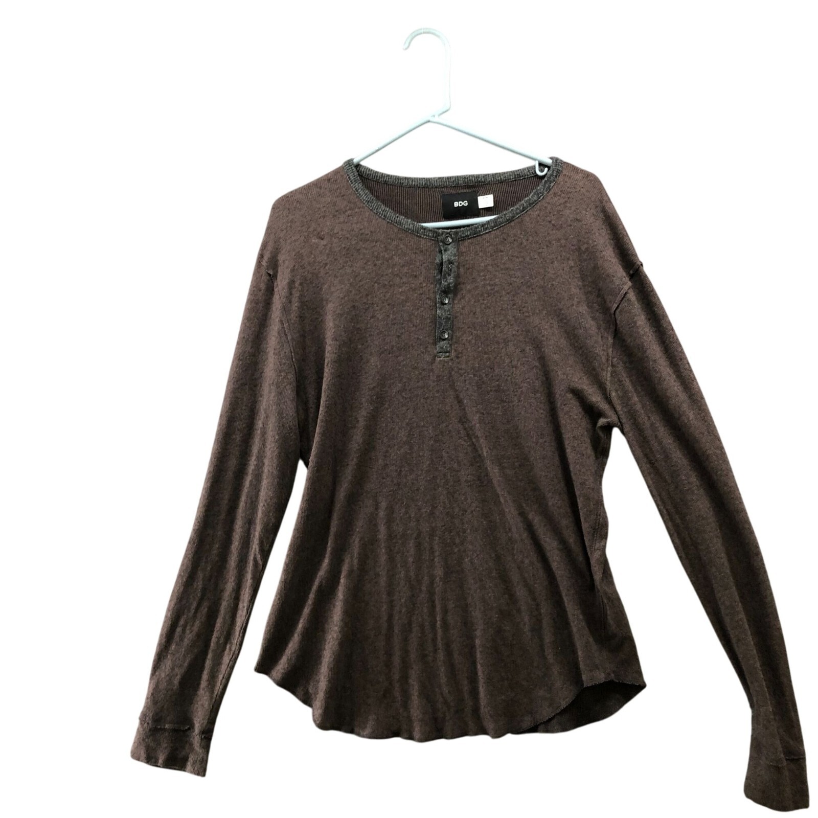 BDG Long Sleeve Henley T Shirt Mens M Brown Waffle Knit Lightweight Cotton Blend