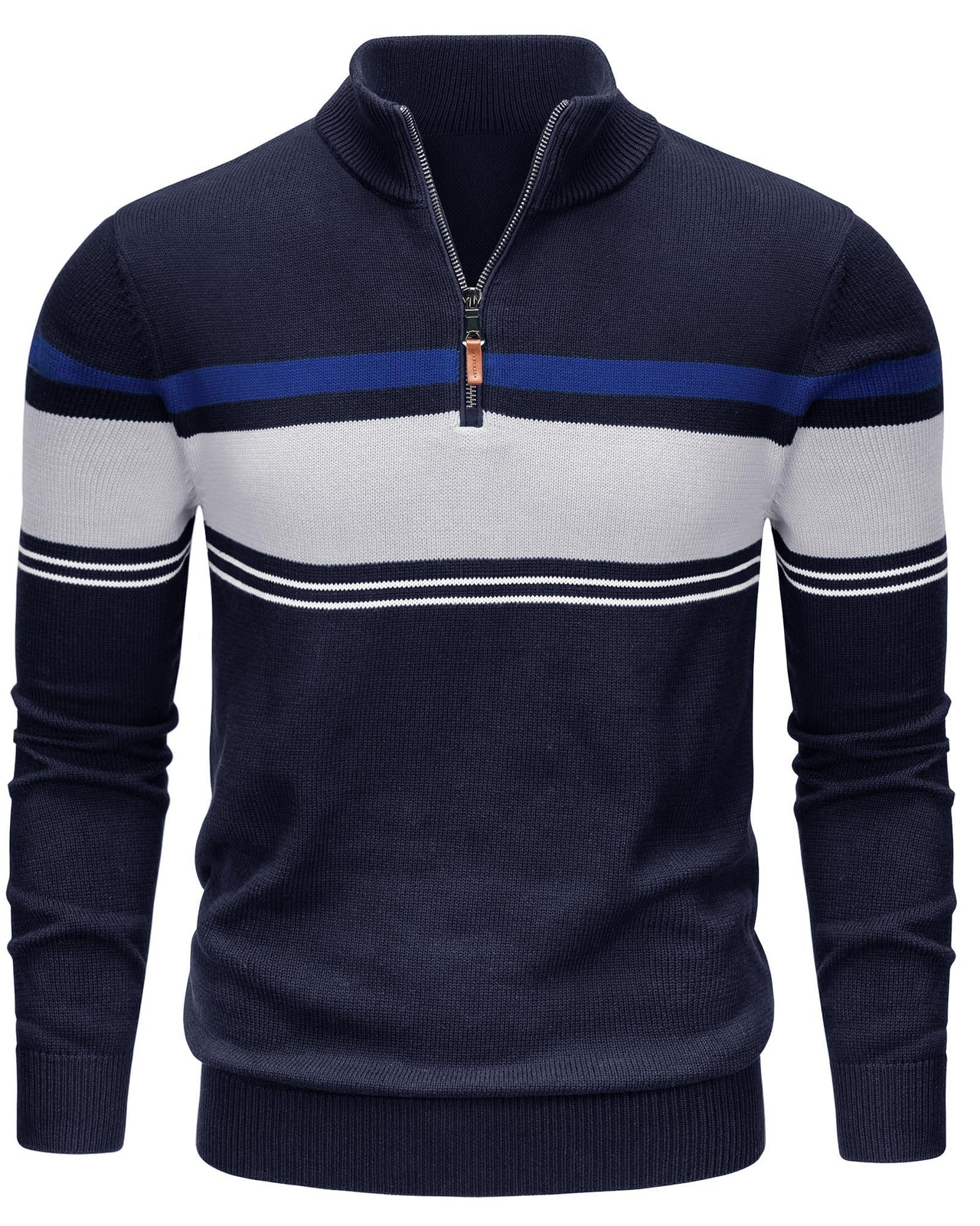 Mens Long Sleeve Sweater 1/4 Zip Winter Warm Casual Fleece Pullover Striped Polo gallery