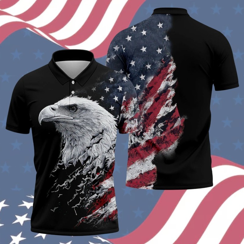 Vintage 250 Anniversary Bald Eagle US Flag Golf Polo, Patriotic Shirt (S-5XL)