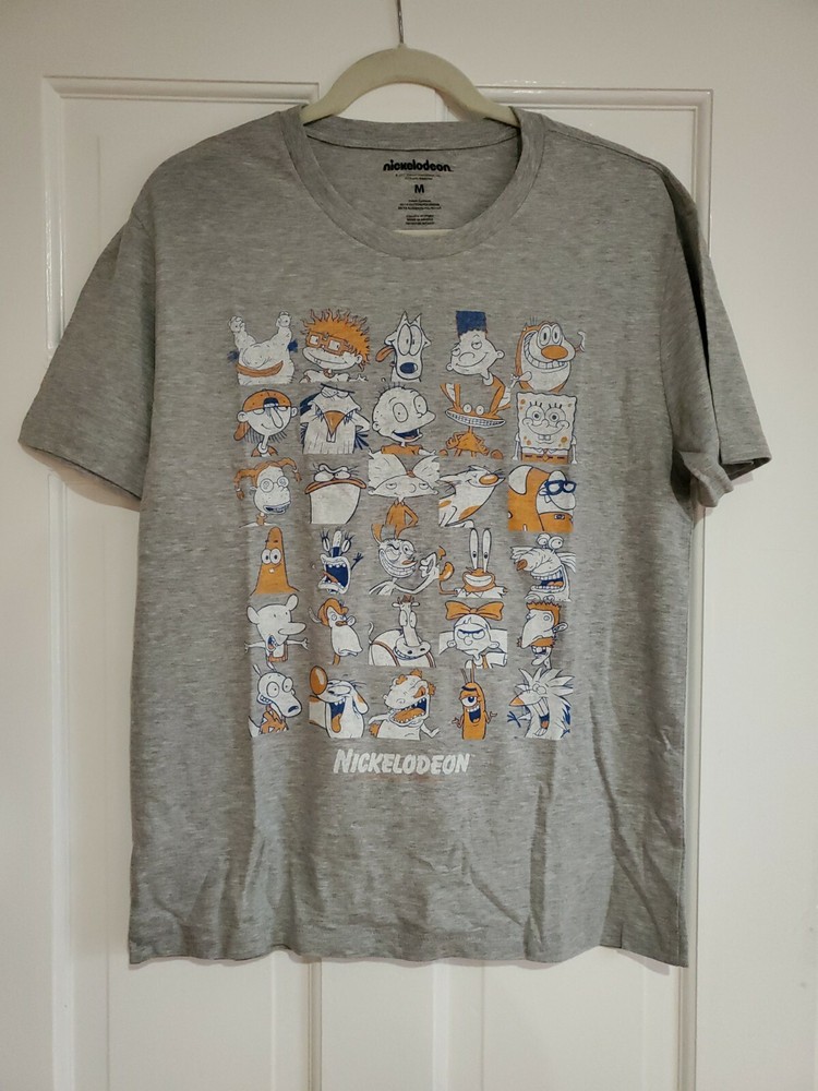 New Nickelodeon Character Faces Mens Medium Soft Grey Tee Spongebob Ren Stimpy