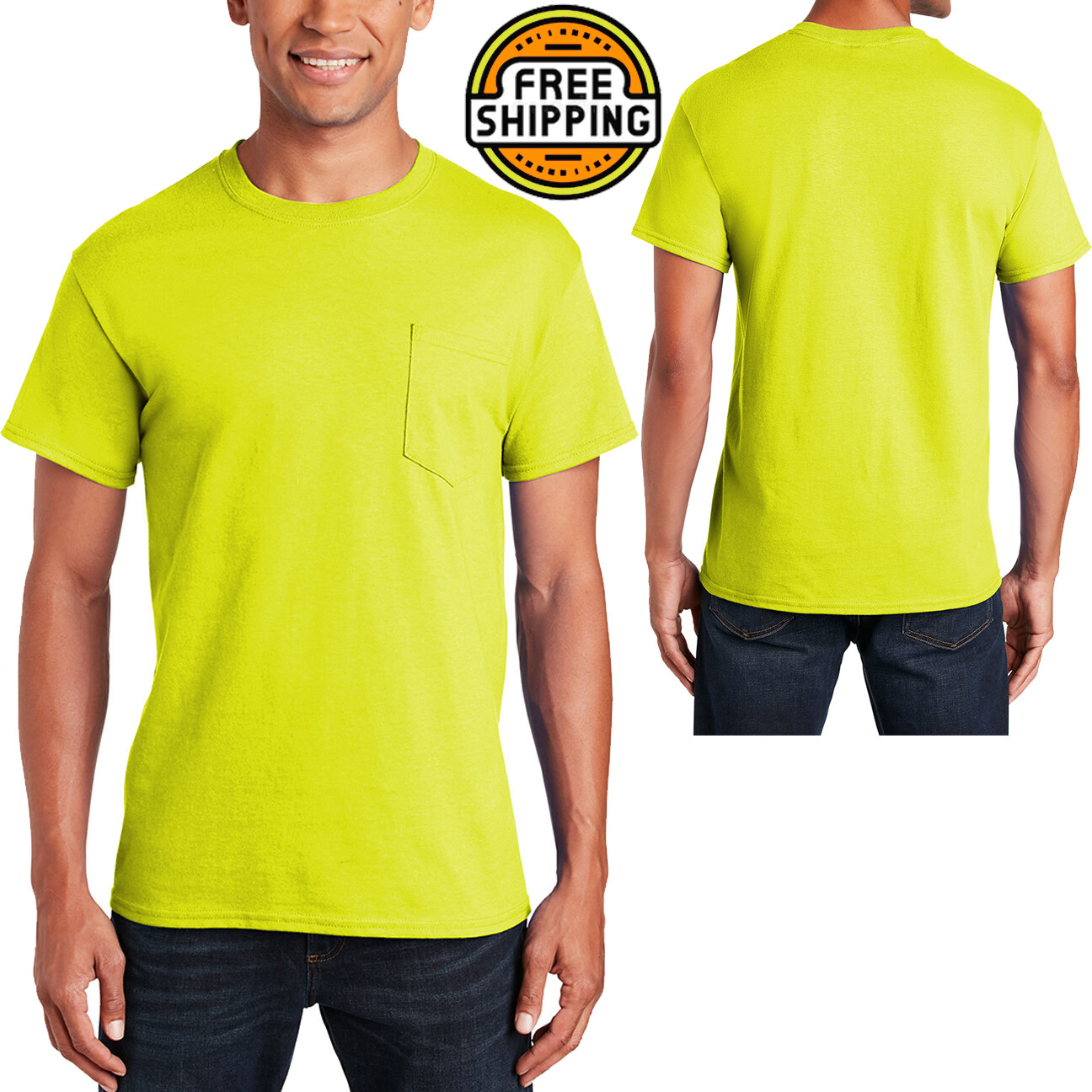 Gildan Mens Blended Pocket Tee Safety Green Size: Large NEW! gallery
